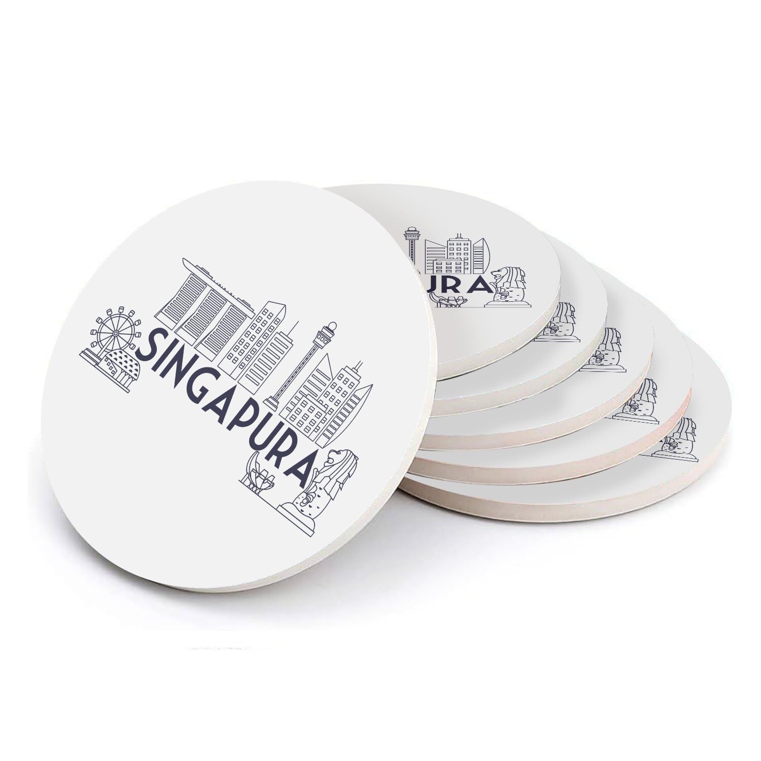 Sous-verre ronds en céramique Singapour | Déco table voyage 6pcs