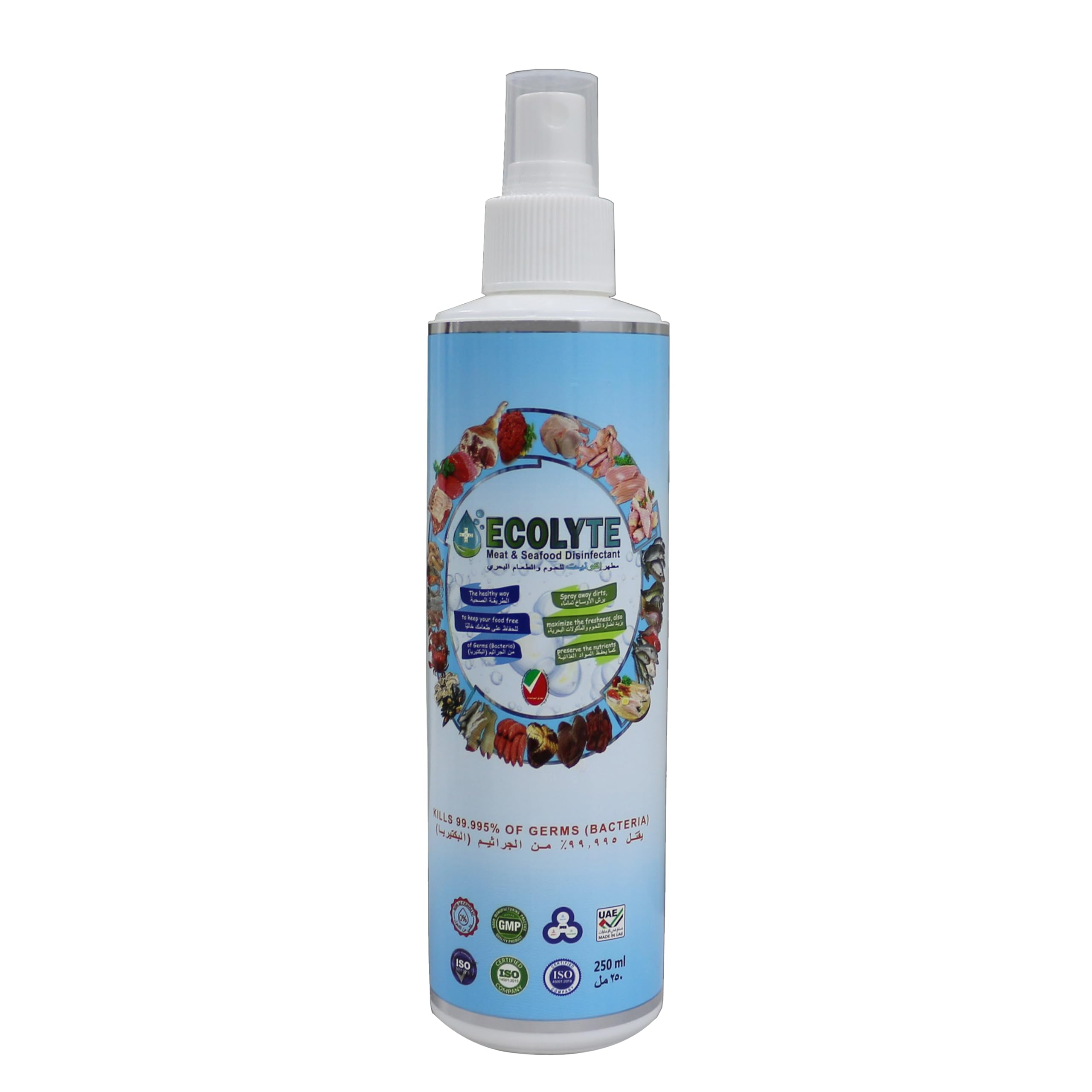 Ecolyte Meat & Seafood Disinfectant 250ml I 100% Natural Action, Removes Pesticides & 99.9% Germs With Pure Electrolyzed Water, Safe to Use on Meat & Seafood, Nontoxic and Nonalcoholic.