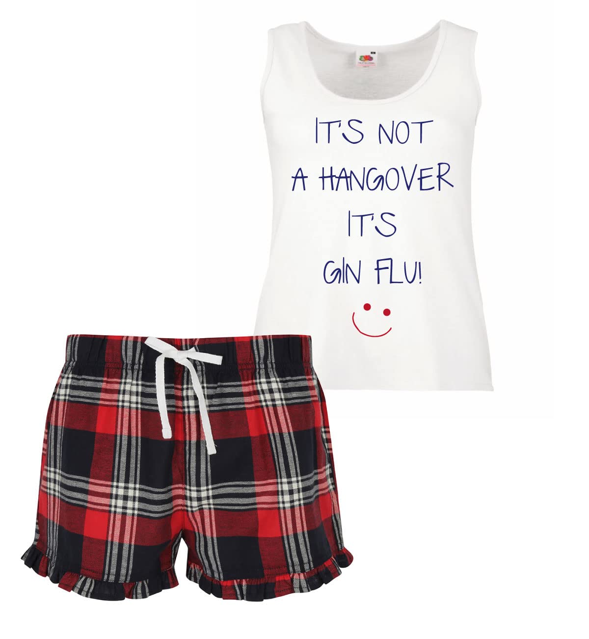 60 Second Makeover Women's Red Limited It's Not A Hangover It's Gin Flu Short Pyjamas For Gin Gifts For Her Tartan Frill Short Pjs Pajamas Pyjama Set, X Small