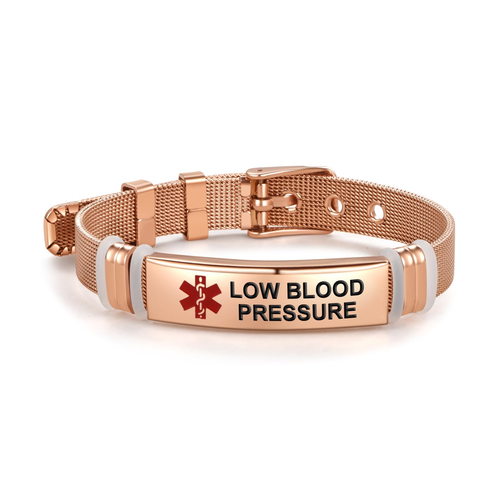 LSxAB Pink Gold First Aid Medical Bracelets for Low Blood Pressure Adjustable Stainless Steel Emergency Bracelets for Wife Auntie Niece Bestie