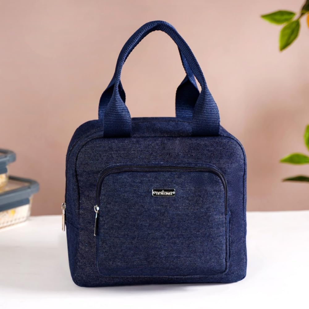 Nestasia Insulated Jute Lunch Bags for Office Women & Men | Leakproof Tiffin Bag Comes with Thermal Foil & Front Cutlery Compartment | Fits 2 Lunch Boxes & 500ml Water Bottle (Blue)-image-10
