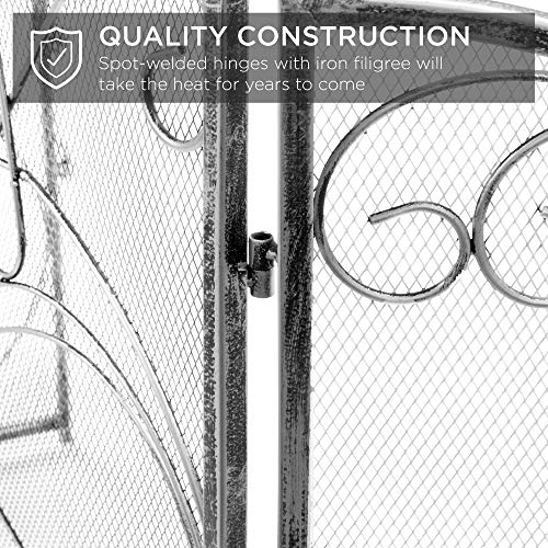 Best Choice Products 3-Panel 55x33in Solid Wrought Iron See-Through Metal Fireplace Screen, Spark Guard Safety Protector w/Decorative Scroll - Pewter - Thumbnail 4