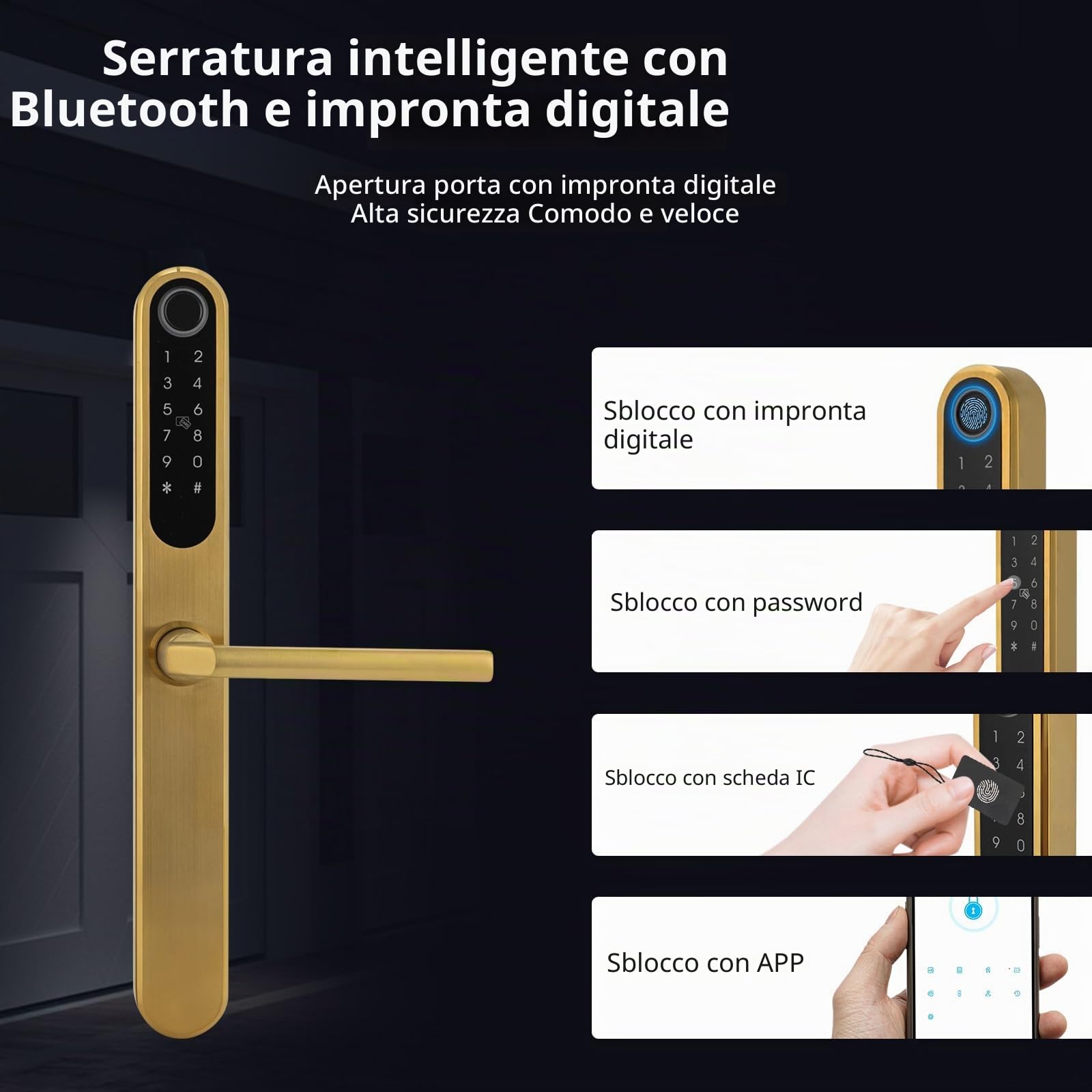 Serratura per porta intelligente con impronte digitali, serratura intelligente con maniglia, serratura per porta digitale, maniglia per porta intelligente con impronta digitale (oro)
