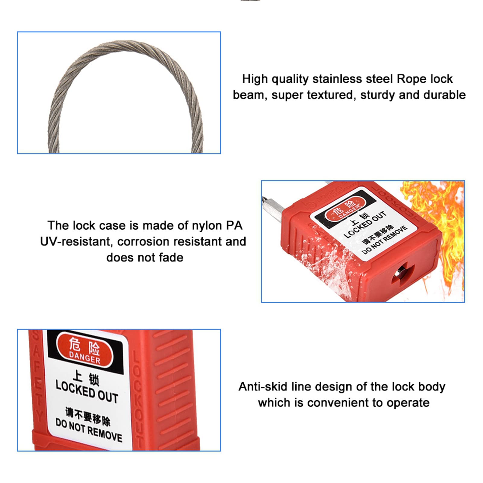 Lockout Padlock, 1Pcs Padlocks with 2 Keys Engineering Safety Padlock Rope Long Distance Lockout Tag Out Isolation Lock, Red - Image 2