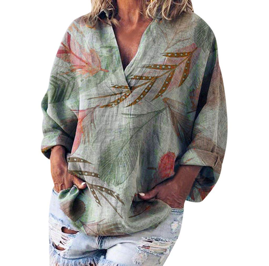 Blouse NJGV Women Fashion Plus Size Solid Long Sleeve V-neck Loose Shirt Pocket Casual Linen T-Shirt