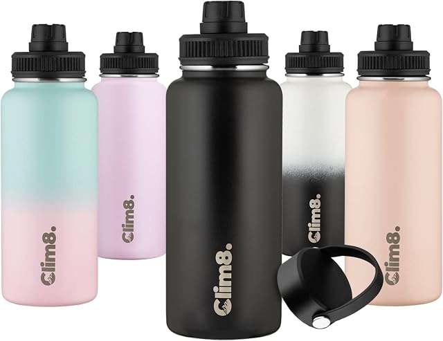 Clim8 Stainless Steel Water Bottle: 1Litre Insulated Water Bottles Vacuum 1000ml Flask for Hot Drink 12H Hot/24H Cold Metal Steel Water Bottle BPA Free for Man Women (Black, 1l)