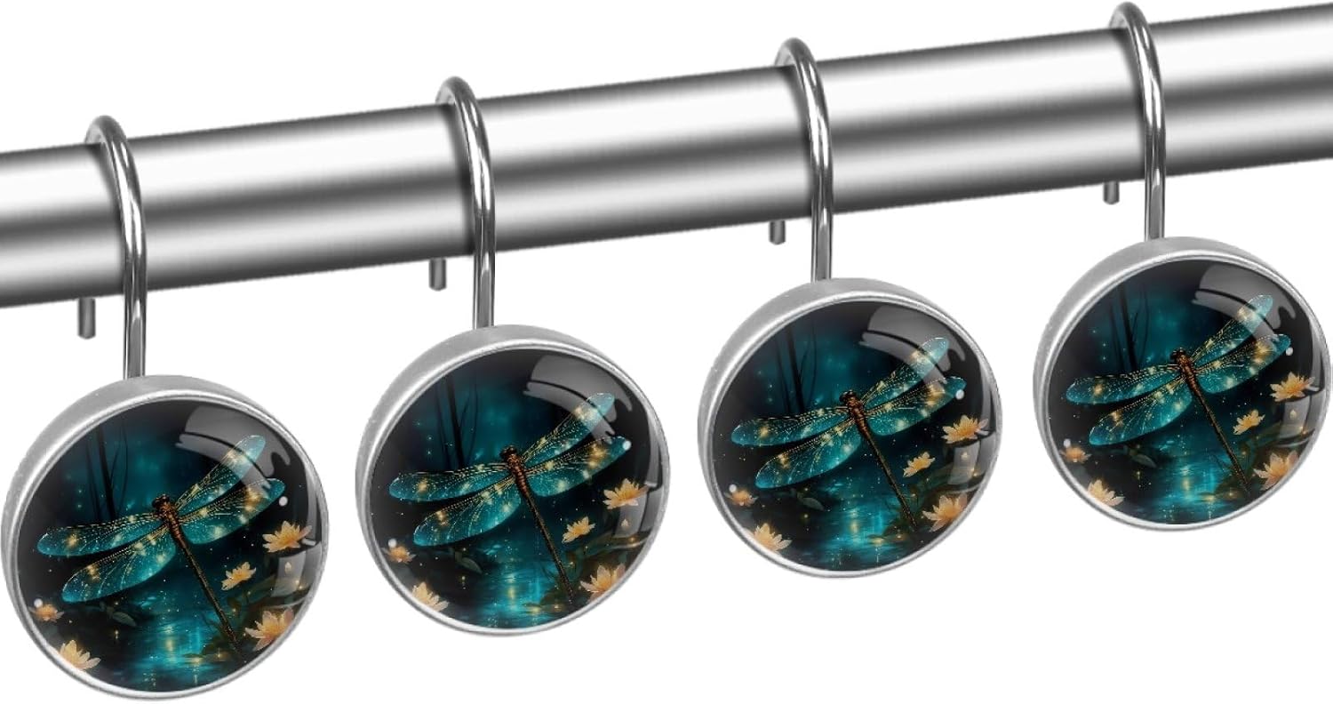 Dragonfly and Florals Rust Proof Shower Curtain Hooks 12Pcs for Bathroom Shower Rod, Decorative Shower Hooks Shower Curtain Hanger Rings Roller, Glass, Resin, Stainless Steel