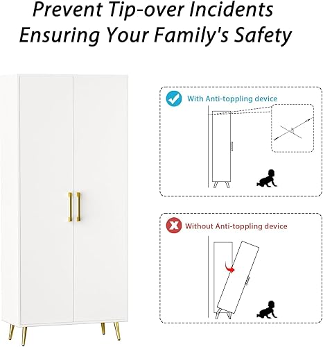 Miniatura 7 de Armario de almacenamiento blanco Armario de almacenamiento de 69 pulgadas de alto con 2 puertas y estantes ajustables, despensa de cocina