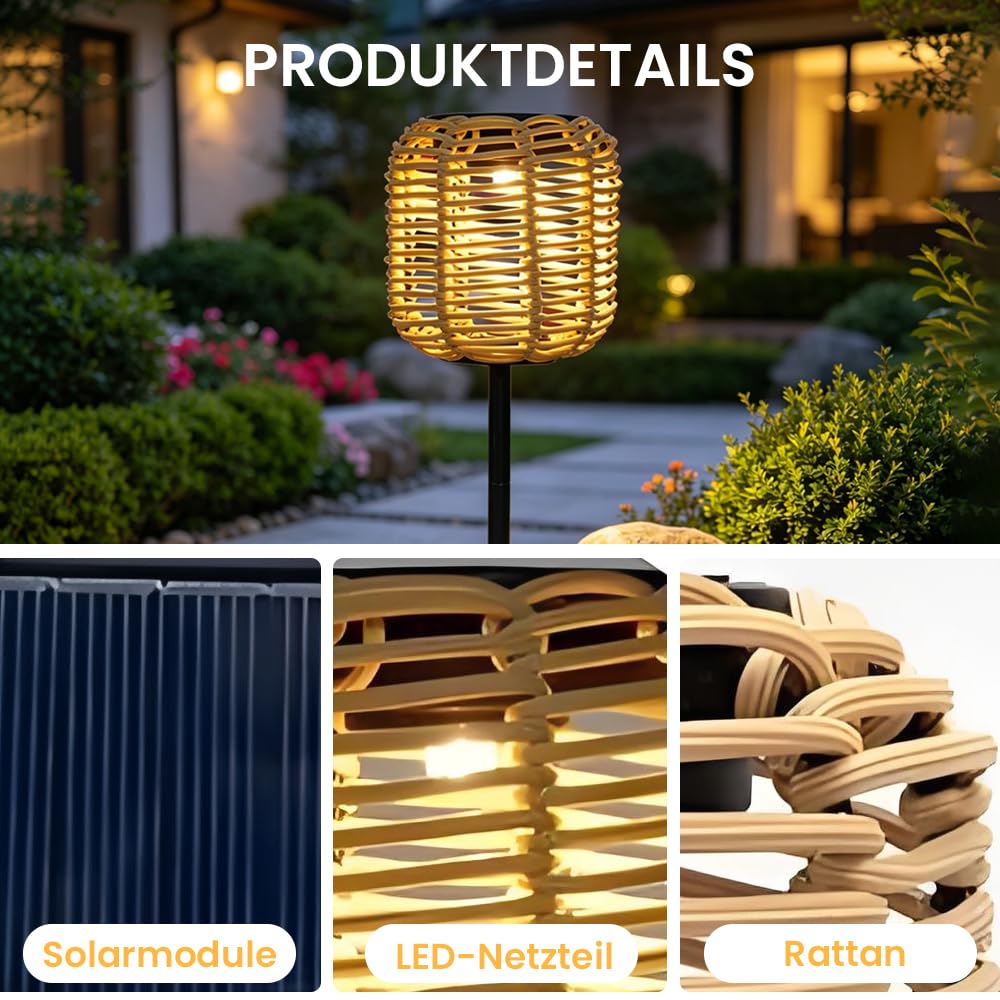 Rattan Solarleuchten für Außen, Solarstecker für Außen Garten, Solarlampen für Au-ßen Garten, Wasserdichtes Solar Gartenstecker, LED Gartenleuchten Solar für Rasen Terrasse Hof Patio Deko