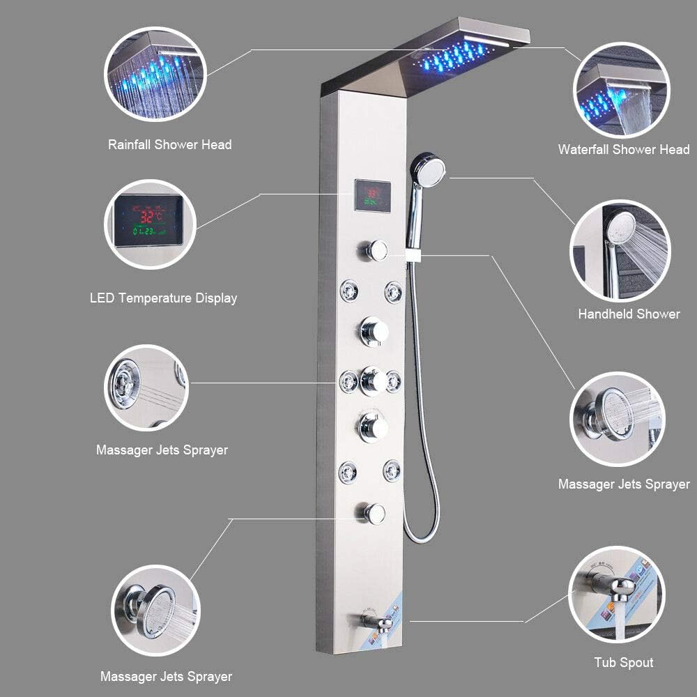 Wall Mounted Bathroom Shower Panel Tower SystemMuti-Function with LED Waterfall/Rainfall Head Massage Jets Tub Spout Handheld Hand Shower Split Shower Towel Brushed Nickel High- End Design