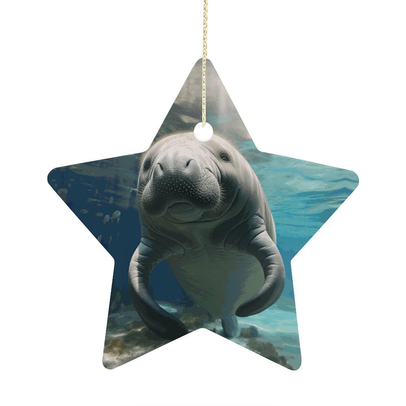 Cute Sea Animal Manatee Stars Ornaments Ceramic Christmas Tree Hanging Light in Weight Christmas Star Pendants Funny Double-Sided Printed Xmas Ornaments for Gifts