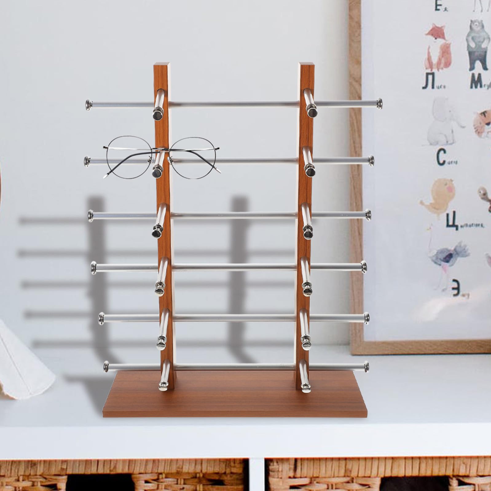 Espositore per Occhiali da Tavolo in Truciolato Finitura Legno Vintage, Multi-livello, Leggero per Organizzare Occhiali da Sole e Maschere da Sci