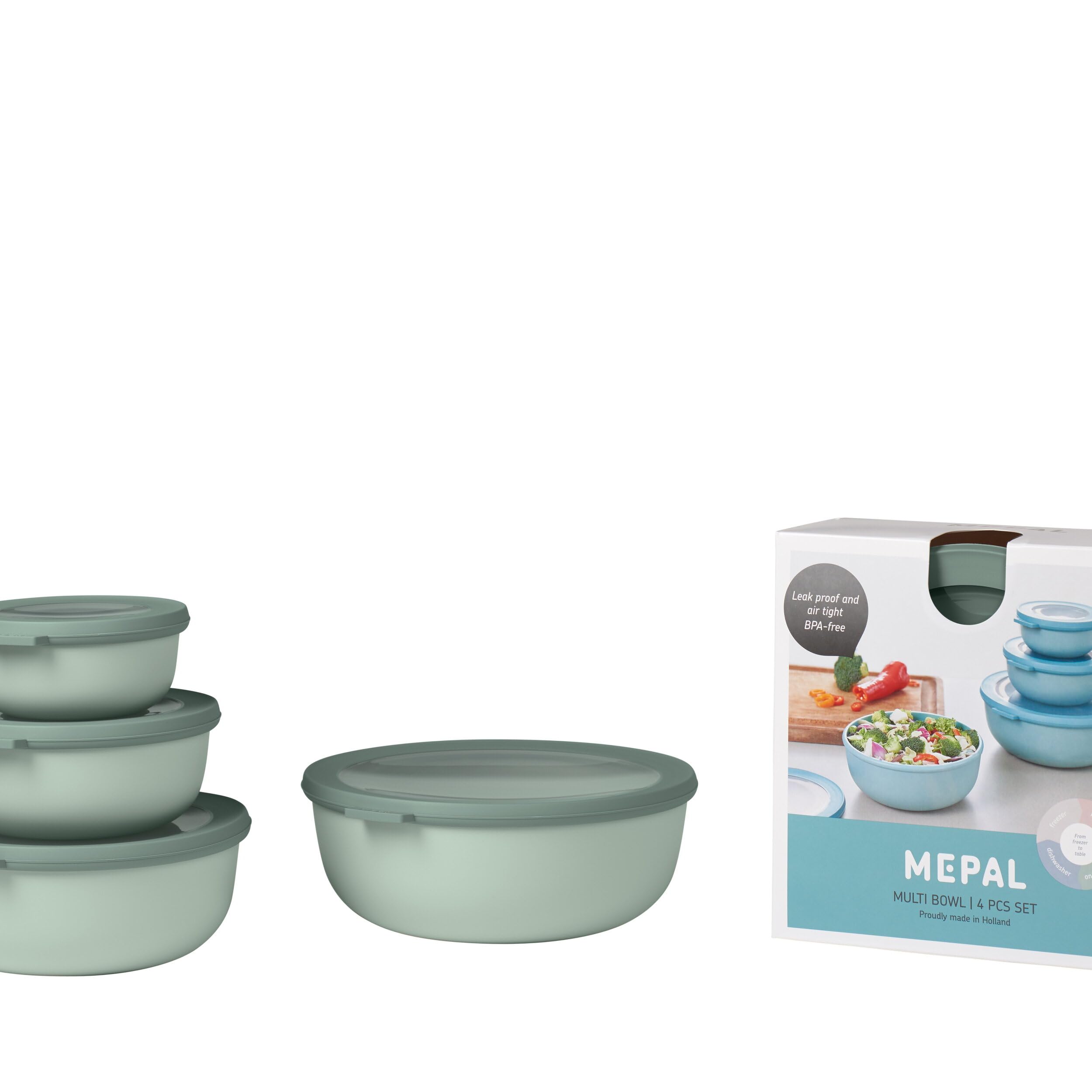 Mepal Multischale Cirqula Round 4-teiliges Set - Mikrowellen Geschir - Geignet als Aufbewahrungsbox, Kuhlschrank, Gefrierschrank & Mikrowellengeschirr - 350, 750, 1250, & 2250 ml - Nordic sage