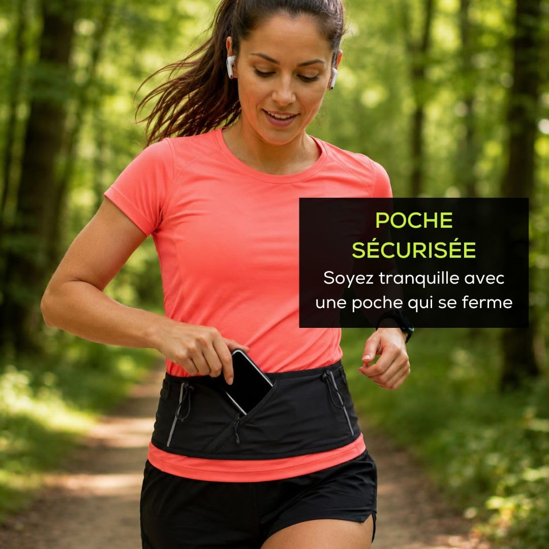 Ceinture Running Femme et Homme Unisexe, Ceinture Course à Pied et Trail avec Porte-Bâtons et Porte-Dossard, Poche Zippée Sécurisée pour Smartphone (M-L)