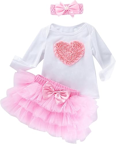 TBUIALL Newborn Infant Baby Girls Heart Embroidery Long Sleeve Romper Bodysuit Tutu Tulle Skirt Fall Clothes for Teens