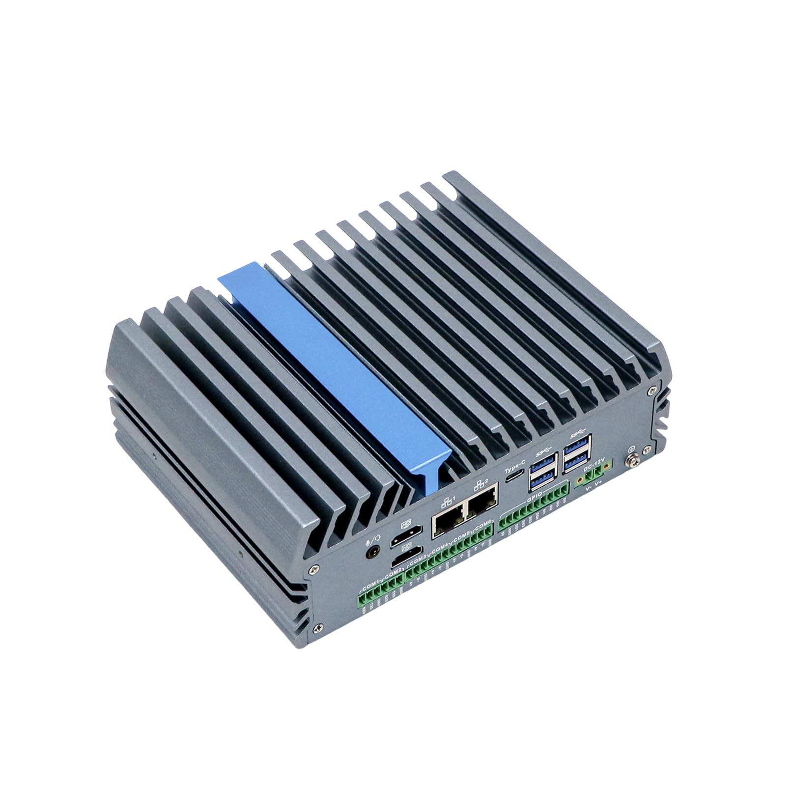 Base DIN Rail Industrial Embedded Computer, N100, Windows 11 / Linux Ubuntu, IX19, 2 x HDMI, 2 x LAN, 12V 2-pin Phoenix Terminal, Expandable CAN COM GPIO, 16G RAM, 256G SSD
