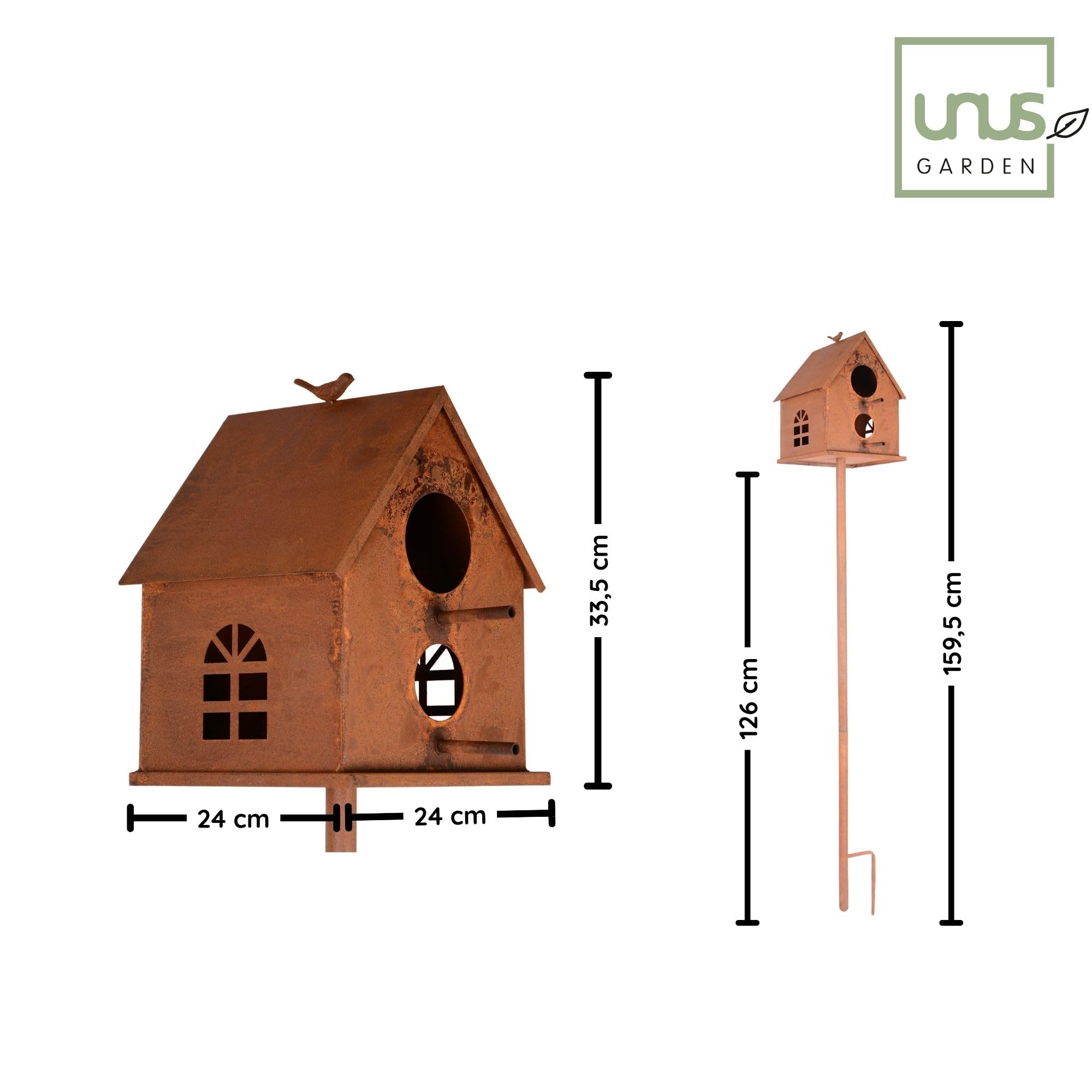 UNUS Vogelhaus mit Stab Metall Rost ca. 126 cm wetterfest dekoratives Vogelhaus Garten Terrasse Balkon Beet