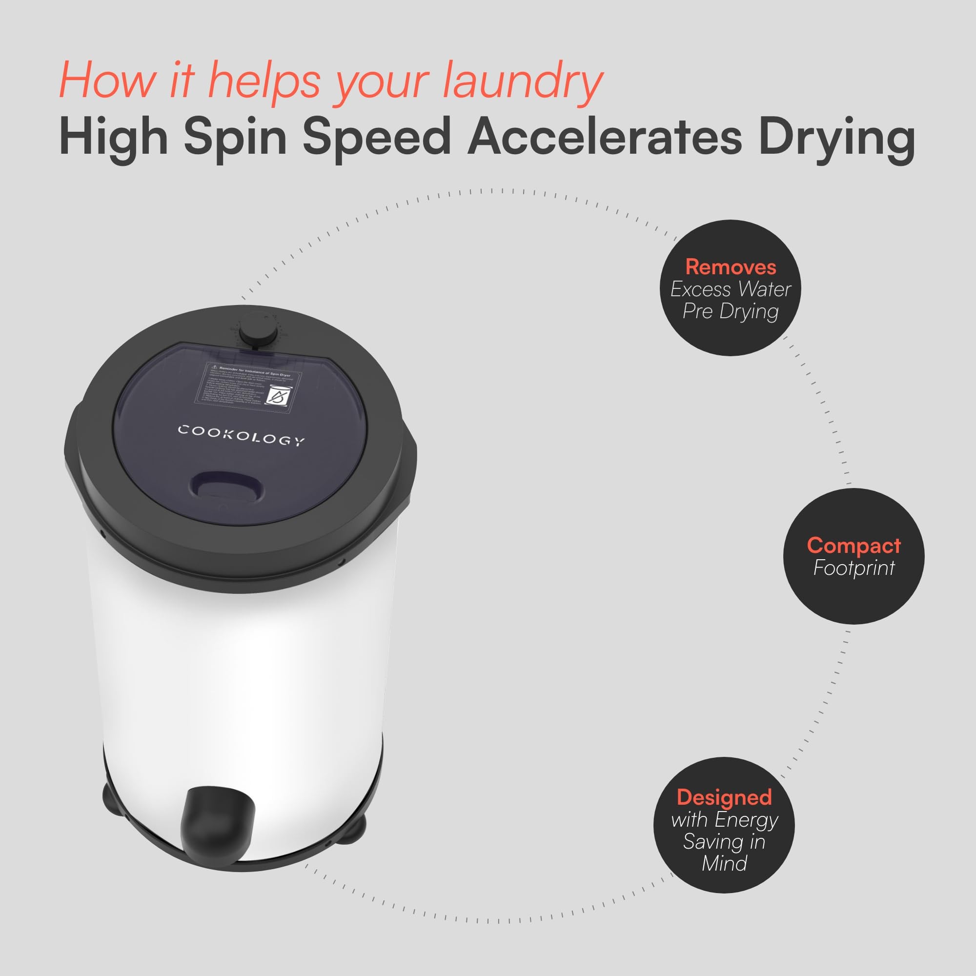 Cookology Spin Dryer 4kg Capacity in White - Energy Saving & Efficiency Saving Spinner - 2800RPM - Compact & Portable Design - Deep Cleaning for Clothes - Remove Water Content — view 3