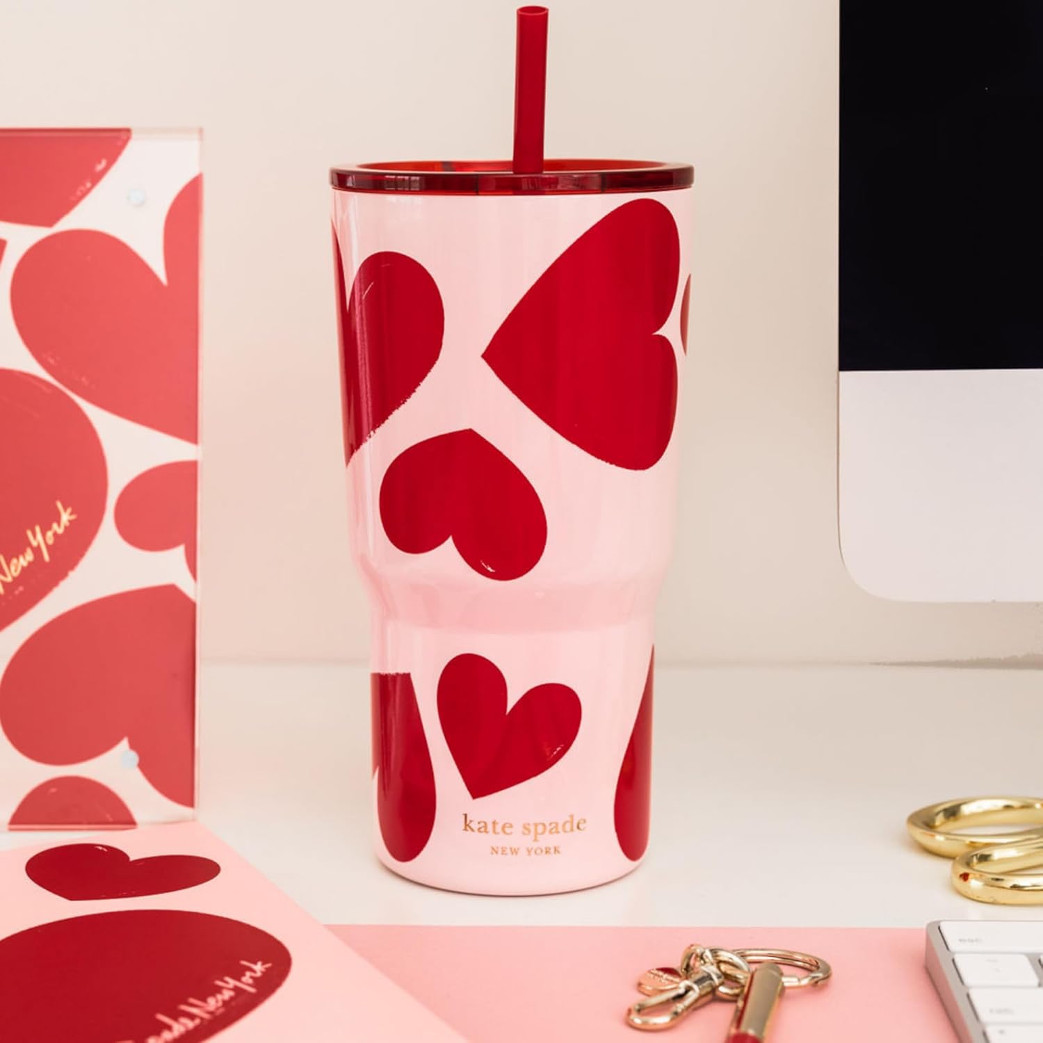 kate spade new york 20 Ounce Insulated Tumbler for Cold and Hot Drinks with Reusable Straw, Stainless Steel Travel Cup with Slide Top Lid (Sweet Hearts) - Image 4