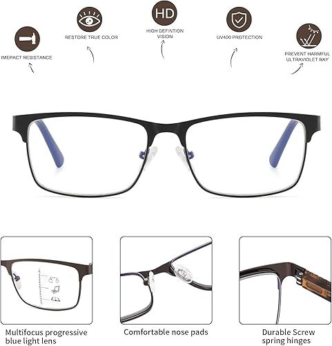 Miniatura 2 de Kafirlo Progressive Multifocal Reading Glasses Men No Line Multifocus Transition Blue Light Readers Trifocal Wide Metal Frame