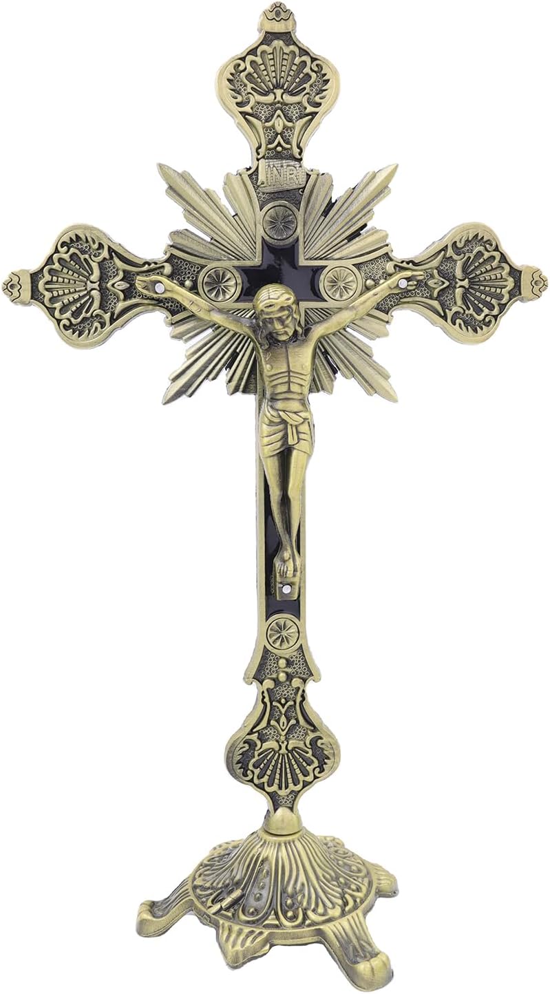GlaryHome Christian Home Decoration 13"" Large Bronze Standing Wall Crucifix Desktop Cross with Base, Black