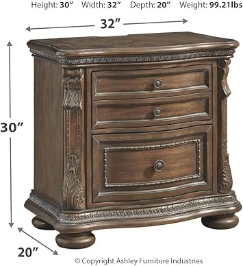 Signature Design by Ashley Charmond Ornate 3 Drawer Nightstand with 2 Felt-Lined Accessory Drawers, 2 AC Power Outlets & 2 USB Charging Stations, Dark Brown Oak Finish