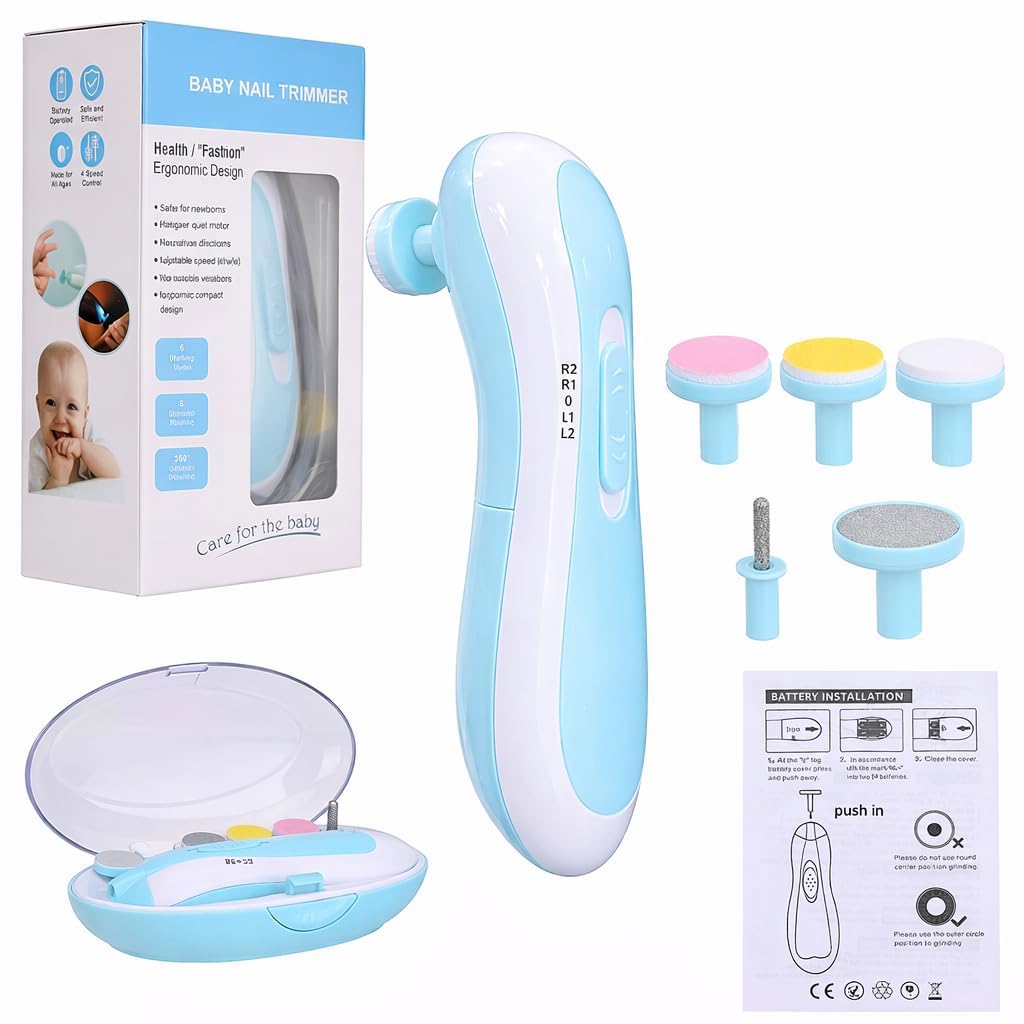TEC TAVAKKAL Electric Baby Nail Trimmer for New-Borns with LED Light – Safe Baby Nail Cutter 0–6 Months | Quiet Baby Nail File Kit with Multiple Grinding Heads | Infant Nail Care Grooming Set (Blue)