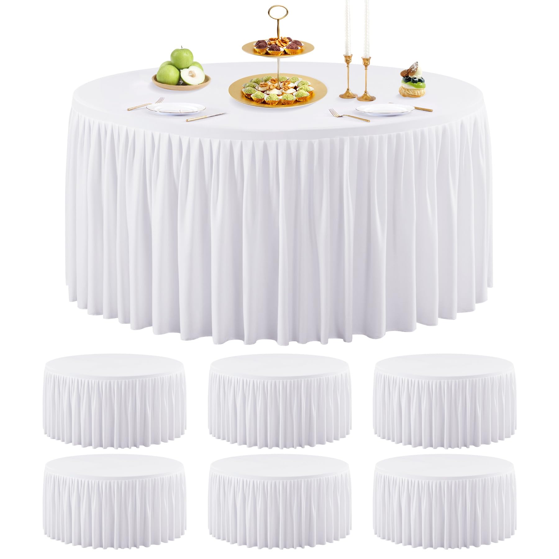 Wish Care 6 Packs 6FT Round Tablecloth 72 Inch, White Stretchy Fitted Table Cloths, Wrinkle Resistant Polyester Table Cover with Pleated Ruffle Skirt for Party, Wedding and Banquet Decoration