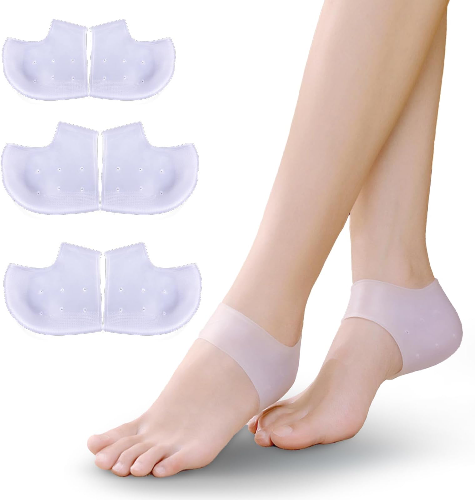 Zxfuture Gel Heel Cups (3 Pairs) - Great for Heel Pain, Moisturizing Relief for Heal Dry Cracked Heels, Achilles Tendinitis, and Medical Grade Silicone - Protective Insert Sleeve.