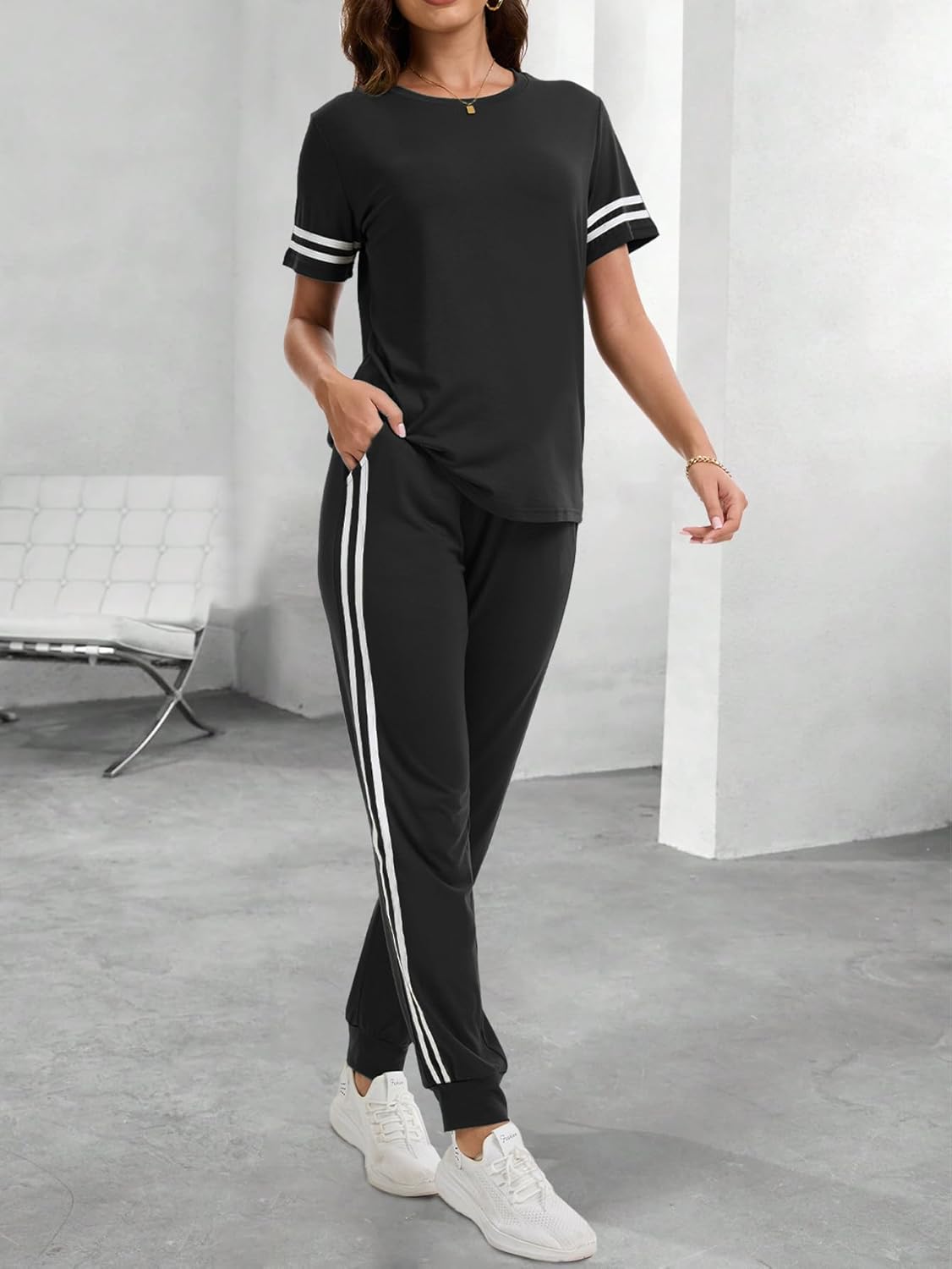 Women 2 Piece Outfits Summer Set Striped Short Sleeve Sweatsuits Crew Neck Pullover Lounge Tracksuit with Pocket - Image 4