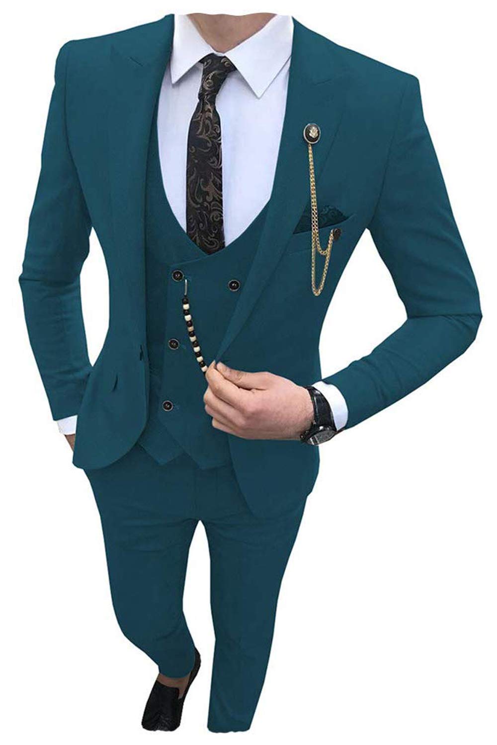 Leader of the Beauty 3 Pieces Fashion Men's Suits One Button Prom Suits Slim Fit Party Tuxedos Notch Lapel Groom Wedding Suits 40 chest/34waist Teal Blue