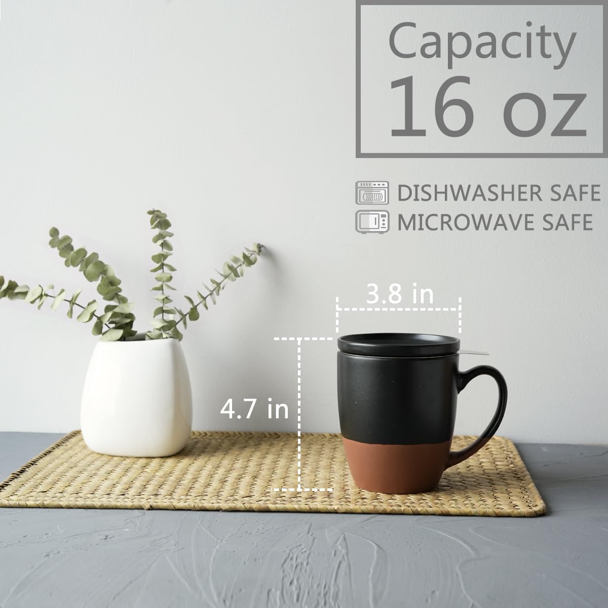 Bosmarlin Ceramiczna filiżanka do herbaty z zaparzaczem i pokrywką, 470 ml, kubek do herbaty z sitkiem, nadaje się do zmywarki i kuchenki mikrofalowej (czarny)