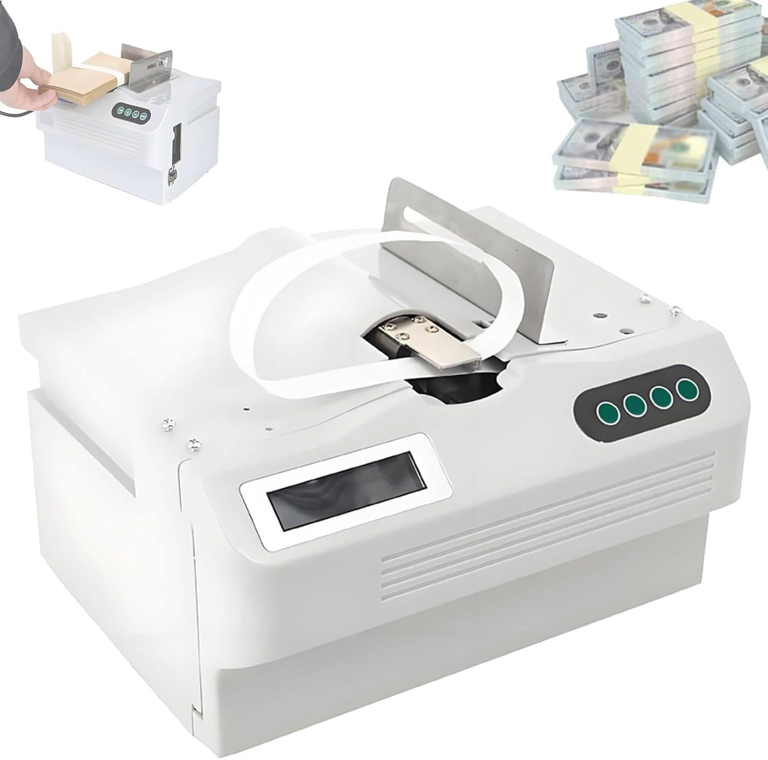 Máquina agrupadora de billetes, pequeña máquina automática de flejado de cinta, pantalla LCD de tamaño ajustable para finanzas bancarias