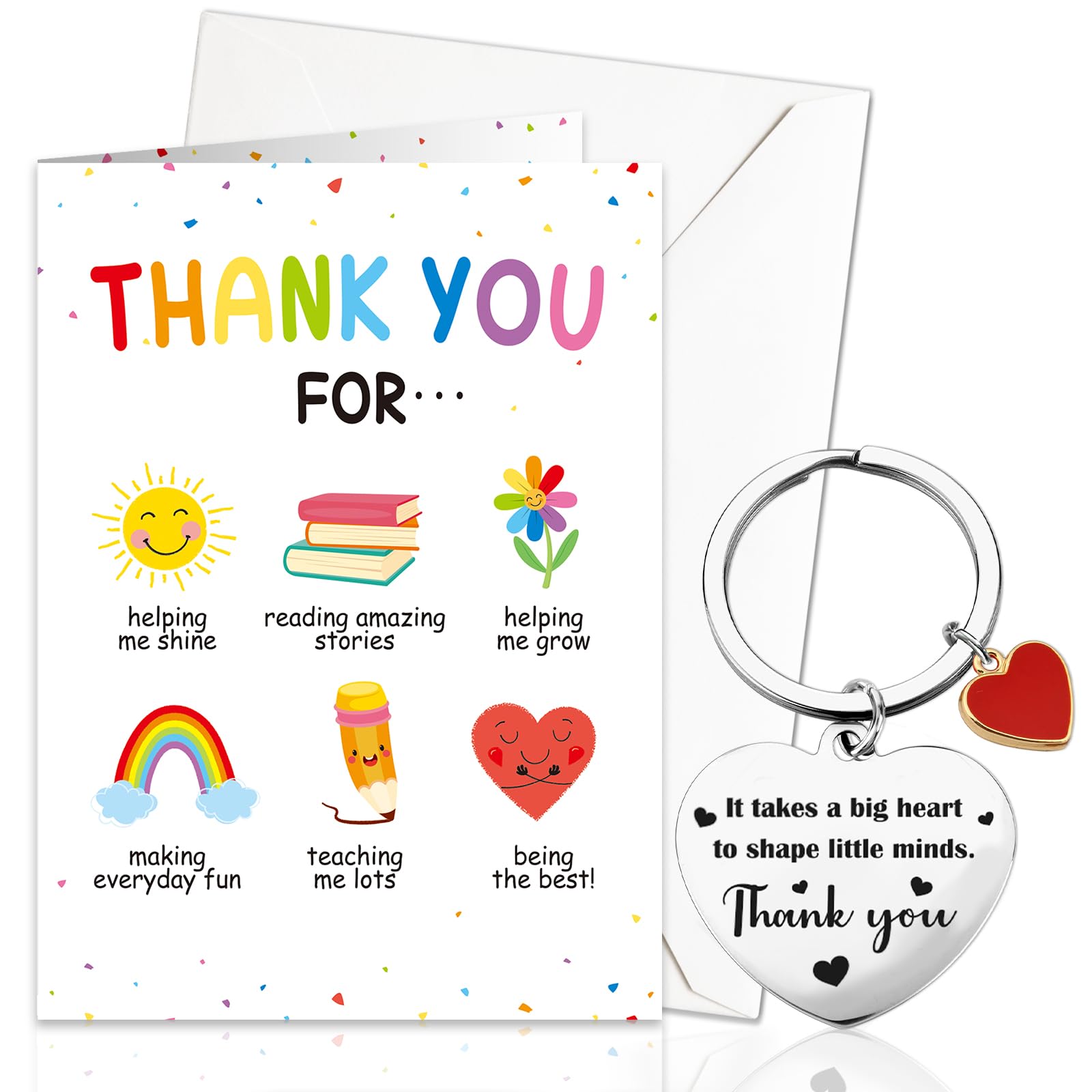 DPKOW Thank You Teacher Gifts for Women, Teacher Appreciation Card Keyring for Nursery Teaching Assistant Gifts, Heart-Shaped Stainless Keychain Inspirational Greeting Card with Envelope — image 1
