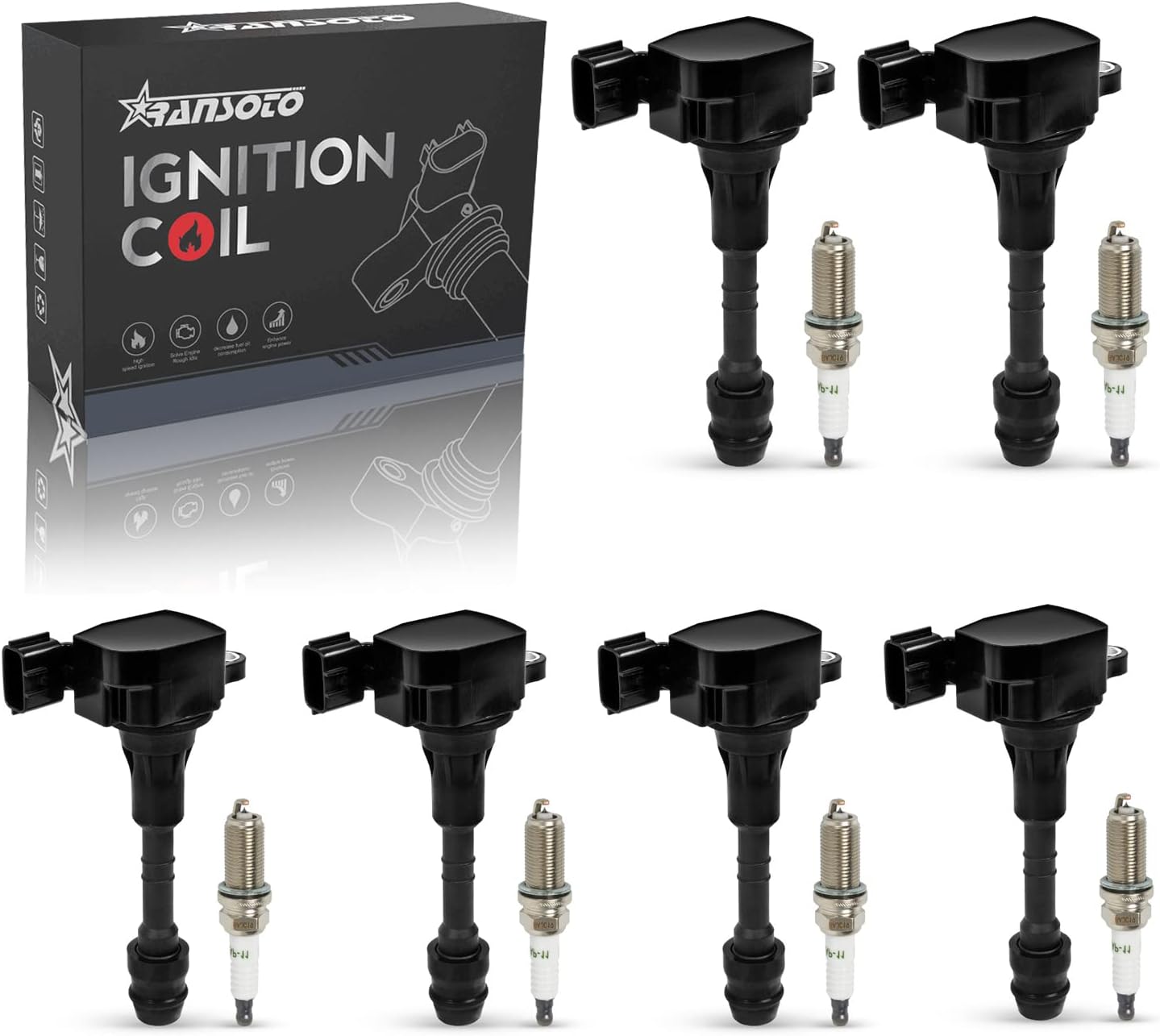 RANSOTO Ignition Coil Pack & Spark Plug Set of 6 for Nissan Frontier Pathfinder Xterra Altima Maxima Murano, Infiniti G35 FX35 M35 3.5L 4.0L V6, Replaces UF349 22448-8J11C