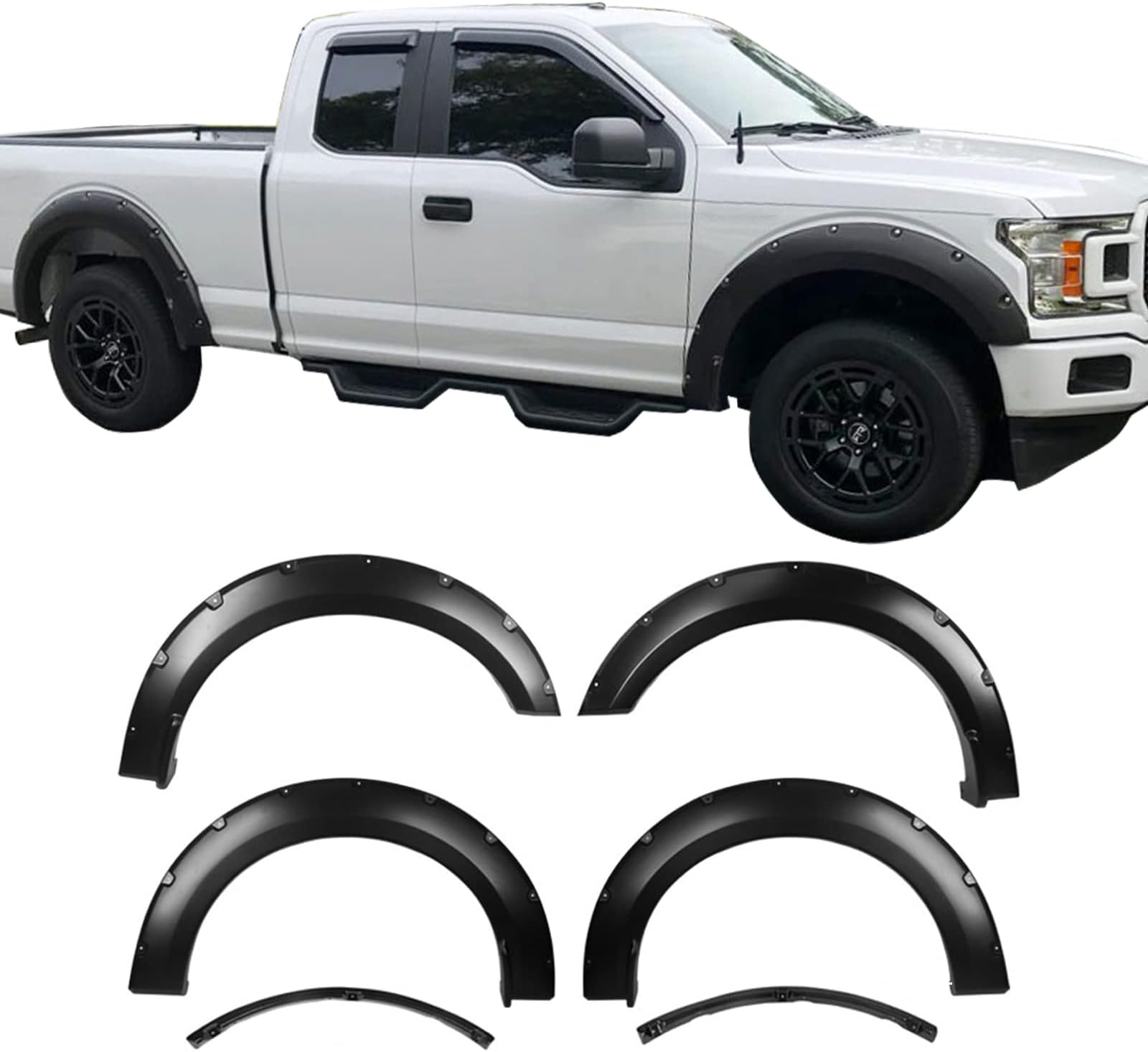 IKON MOTORSPORTS, Fender Flares Compatible with 2018-2019 Ford F150, Offroad Pocket Style Wheel Cover Fender Trim Mud Guards 4PC Set Smooth Black PP Polypropylene