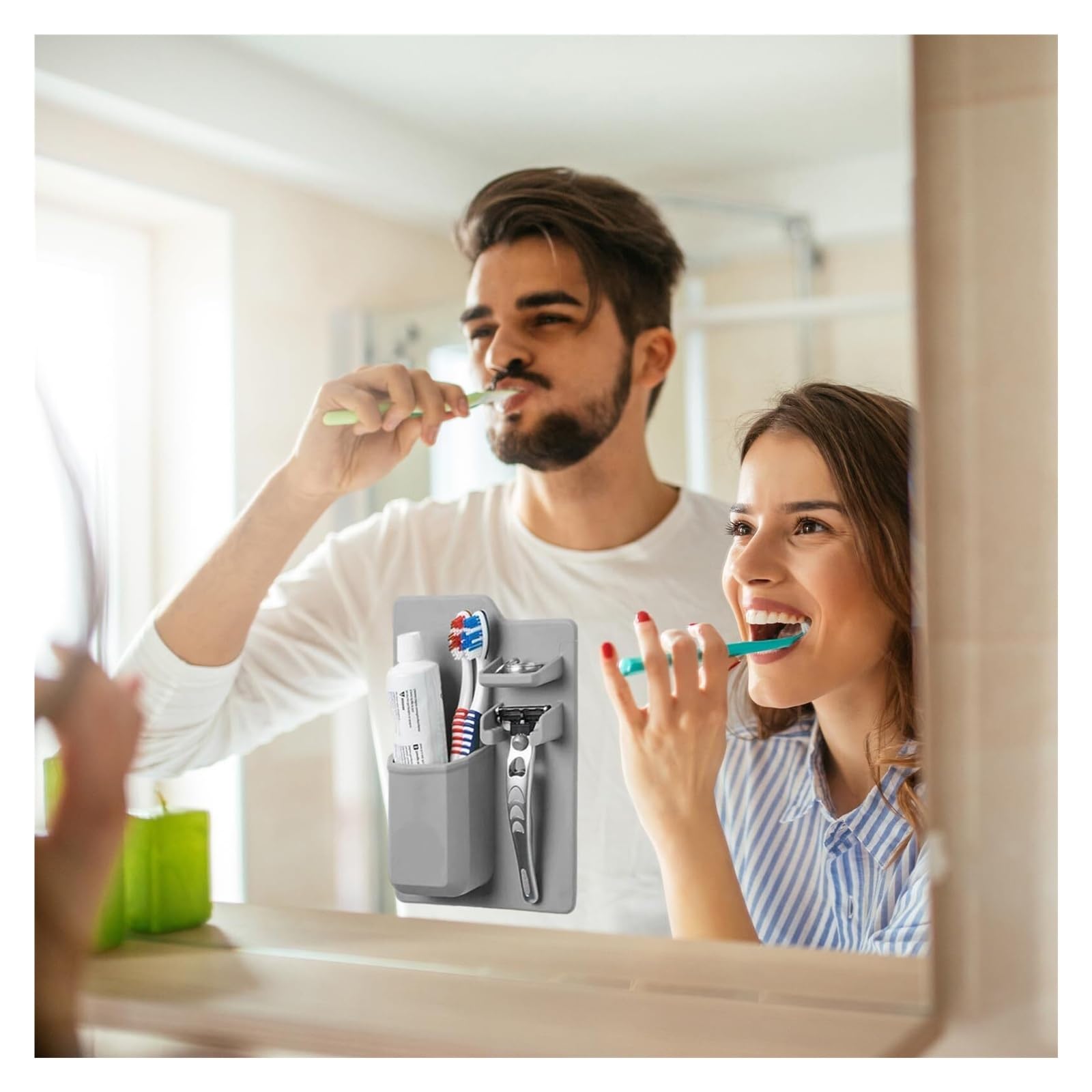 Portacepillos de Dientes Soporte for Cepillo de Dientes, Organizador baño Silicona con Parte Trasera Adhesiva, Almacenamiento montado en la Pared Gris Vaso de Enjuague bucal Reutilizable
