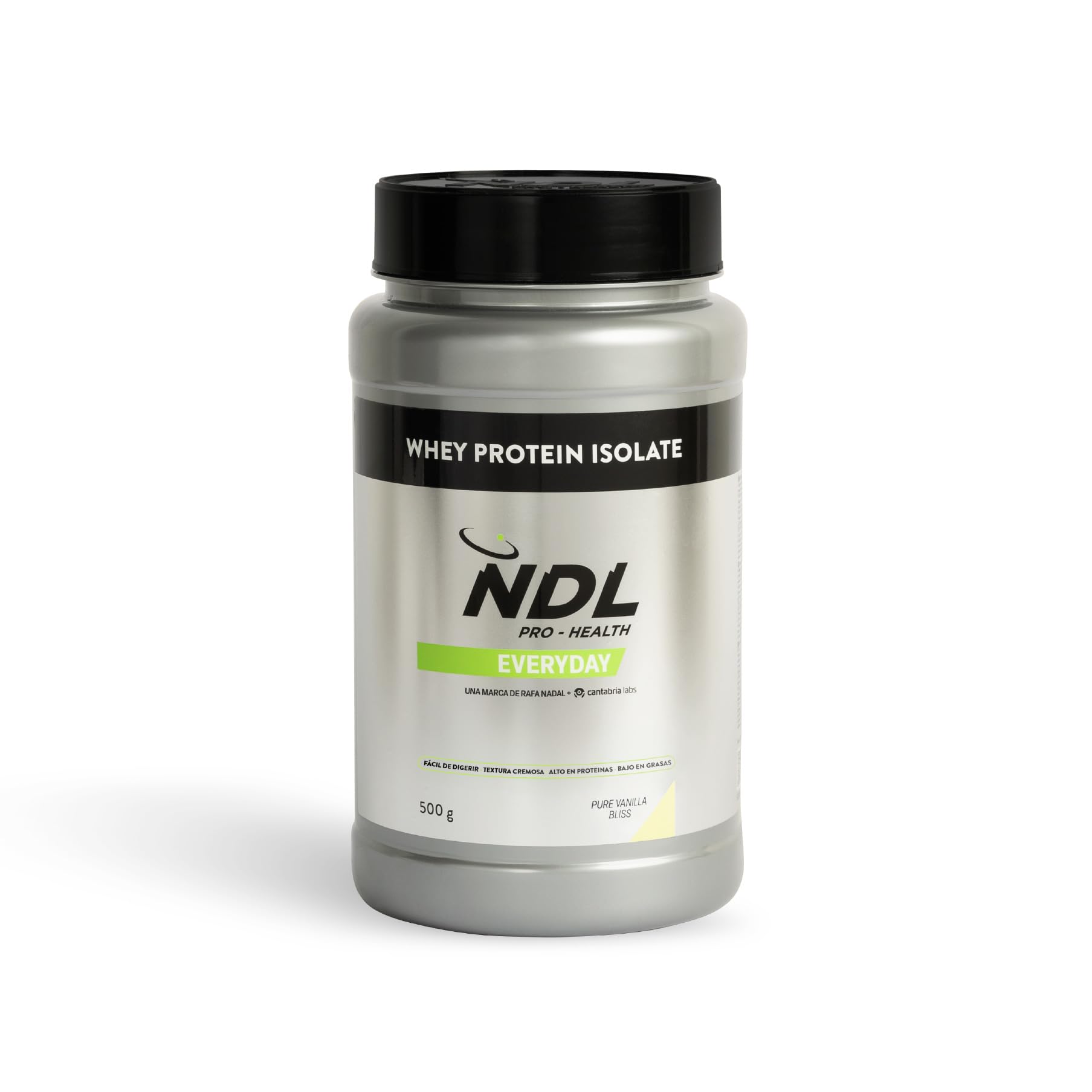 NDL Pro-​Health Proteína Isolate Vainilla | 90% Aislado de suero | Probióticos Pepzyme Pro® | Bajo en azúcar y grasas | Alta pureza y digestibilidad | 500g | Una marca de Rafa Nadal & Cantabria Labs