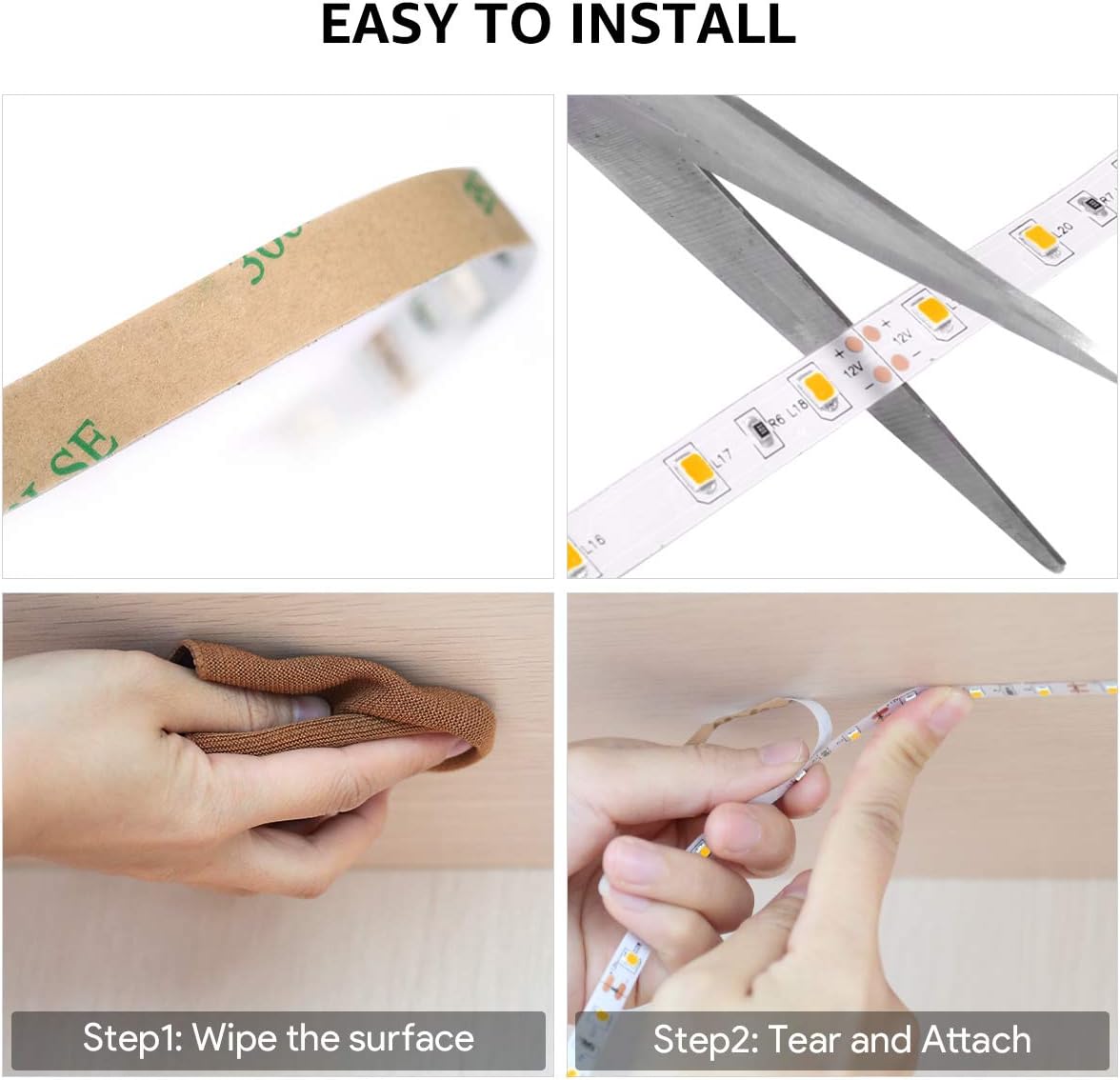 Four panel image showing installation steps: wiping surface, peeling adhesive, cutting strip, and attaching strip.