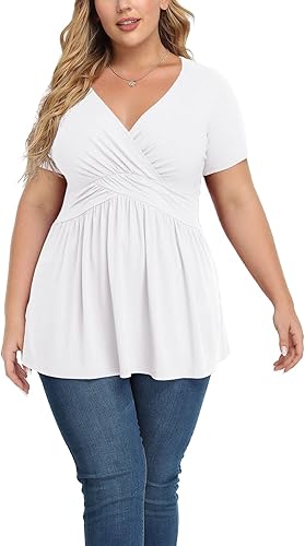 TIANZHU Blusa de manga corta para mujer, talla grande, cuello en V, corte bajo, linda blusa