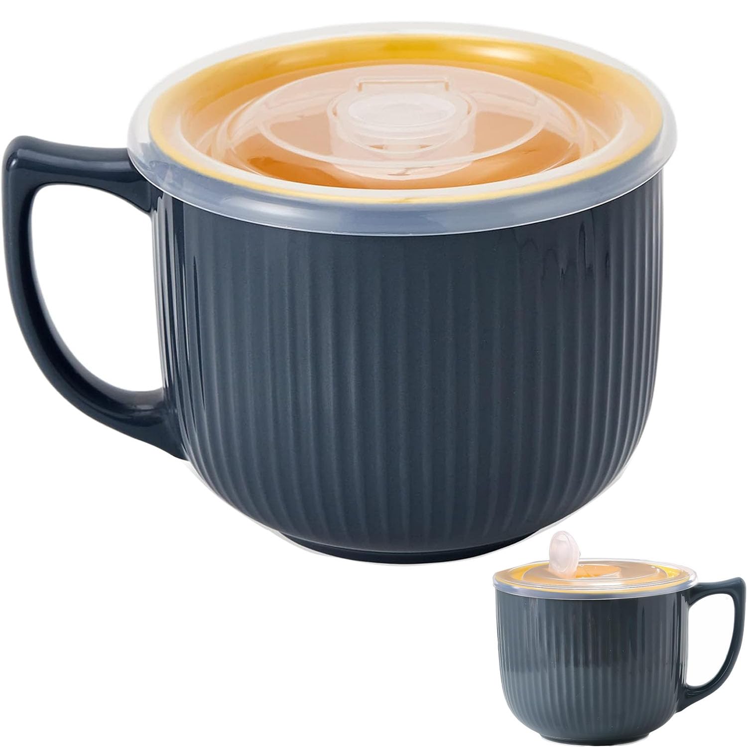 900ML Keramik Suppenschüssel Mit Henkel,Ramen Schüssel Mit Deckel,Müslischale Geeignet für Mikrowellen Sterilisatoren,Groß Kaffeetasse/Ramen/XXL Tasse für Heißgetränke(Dunkelgrau)