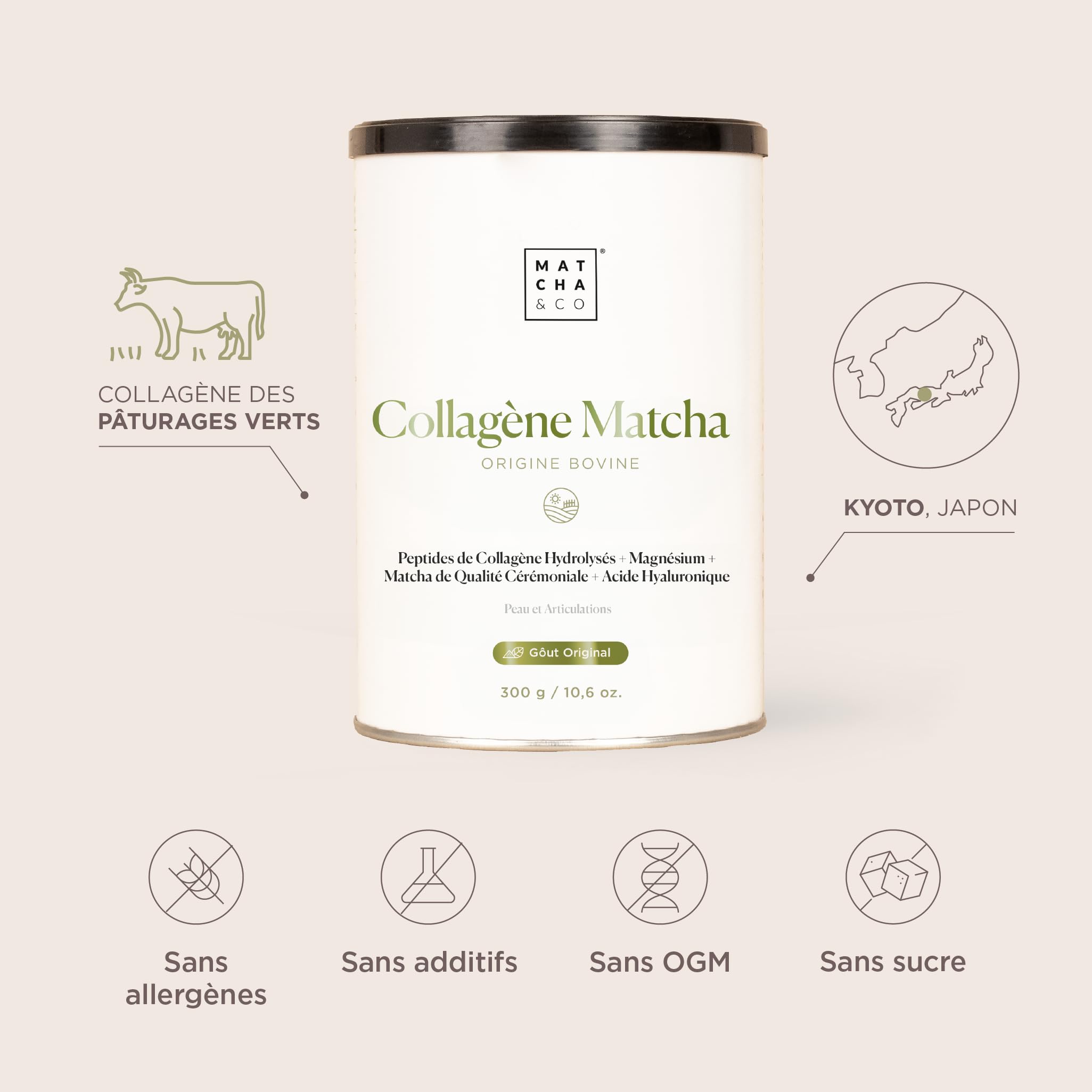 Matcha Collagène. Collagène avec Magnésium, Thé Matcha et Acide Hyaluronique. Articulations, peau et ongles. 300 g matcha collagène en poudre. Saveur Matcha