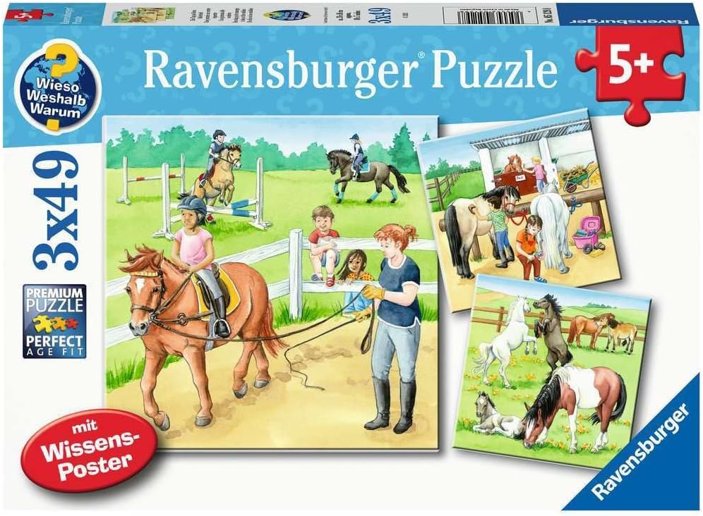 Ravensburger Children's Puzzle 05129 - A Day at The Riding Yard - 3 x 49 Pieces Wieso? Weshalb? Warum? Puzzle for Children from 5 Years