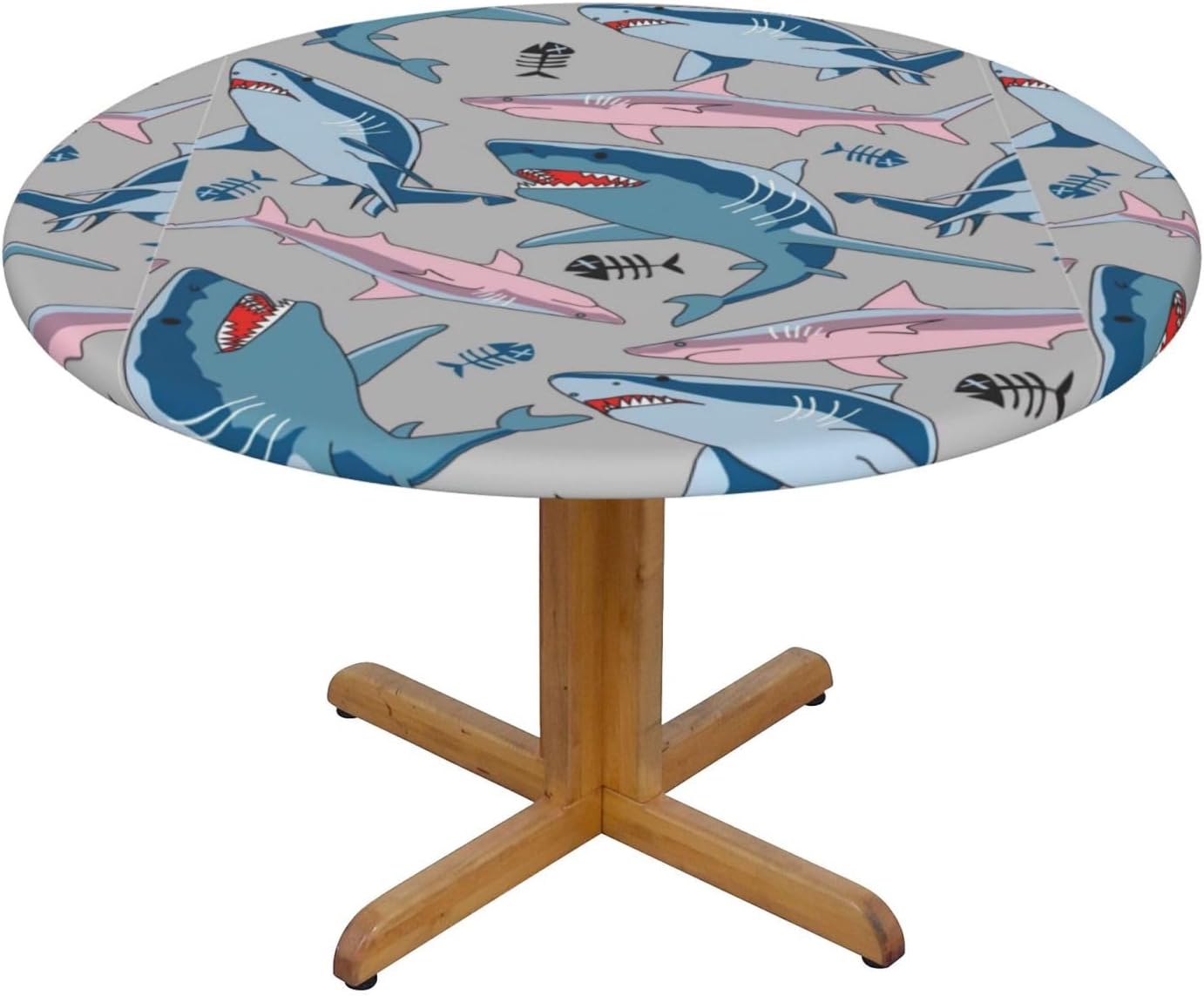 Blue Cartoon Fish Print Outdoor Patio Kitchen Decor Supplies Wipeable Round Table Cloth for Indoor Outdoor
