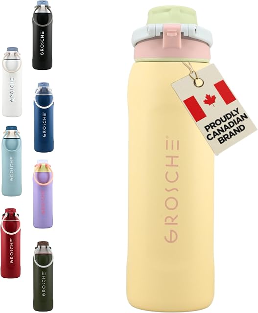 GROSCHE Kamloops Chug Bouteille d'eau isolée à l'huile – Acier inoxydable, flocons étanches – Idéal pour le gymnase, école, voyage, randonnée, aventures en plein air & Voie quotidienne – Jaune, Lemon Sorbet, 24 F. Oz