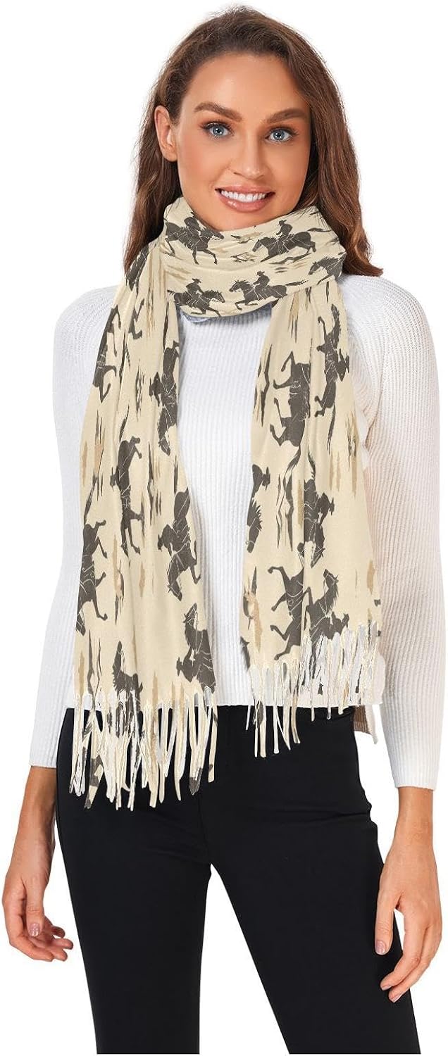 Winter Scarf for Women Cowboy Tribal Horseback Riding Fashion Tassel Shawl Wraps for Women, Cold Weather Warm Womens Scarves Soft Long Scarf Gifts