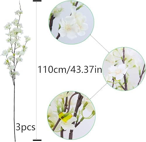 Miniatura 9 de CISDUEO 3 piezas de flores artificiales de cerezo de seda, flores de durazno a granel, flores de ciruelo con hojas, ramas de flor de cerezo,