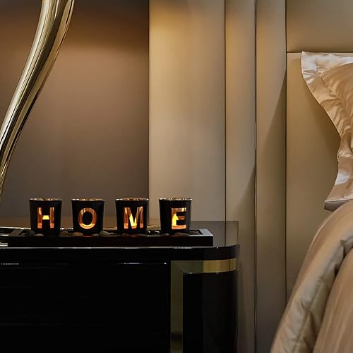 Miniatura 5 de MrMrKura Juego de Portavelas Decorativos para el Hogar, 4 Portavelas de Vidrio para Velas de Té con Bandeja de Portavelas de Madera, Piedras