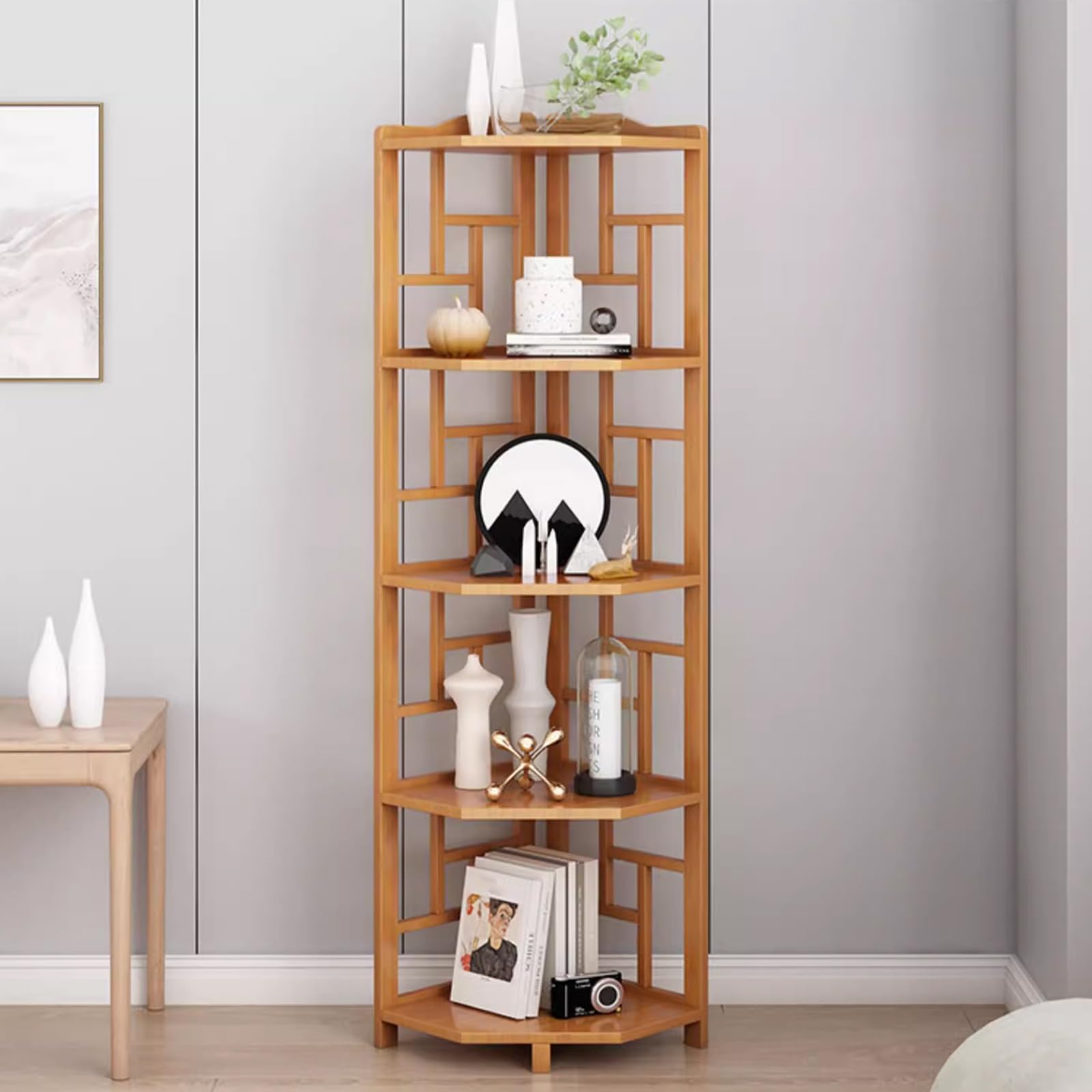 ASerZenith Chinese Design Bamboo 4 Tier Corner Bookshelf Display Stand For Living Room And Home Office (Brown)
