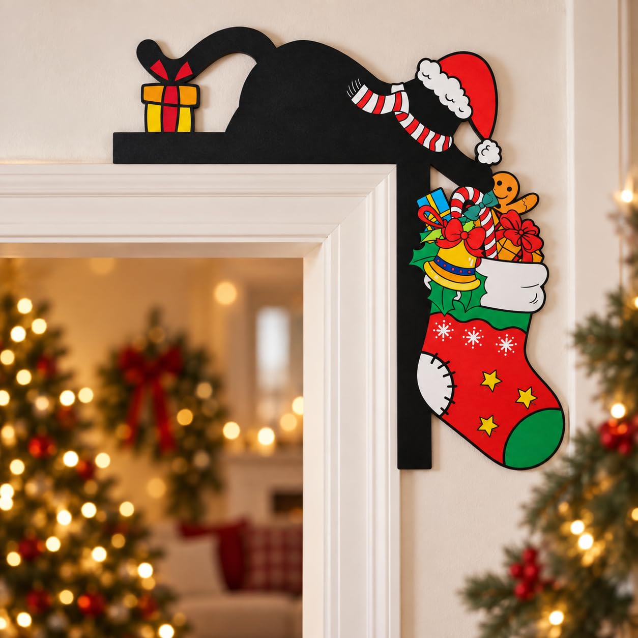 Wooden Christmas Door Frame Decoration Black Cat Stocking Corner Topper